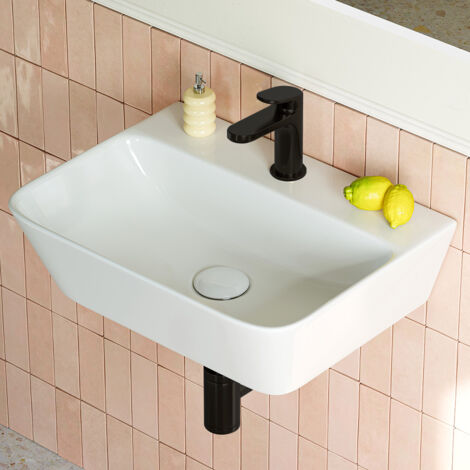 HOROW Keramik Waschbecken - Aufsatzwaschbecken fürs Badezimmer - Hängewaschbecken aus Keramik - Eckig - 41cm x 31cm x 12cm - Weiß
