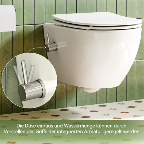 Dusch WC mit Integrierter Düse, Hänge WC mit Bidet Funktion, Taharet WC mit Absenkautomatik Sitz, 53×36×35 cm