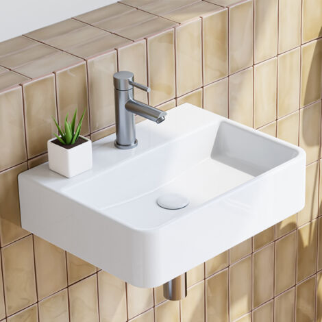 HOROW 38.5x26 CM Waschbecken Aufsatzwaschbecken mit Hahnloch ohne Überlauf Klein WaschschaleKeramik Weiß Rechteckig Handwaschbecken