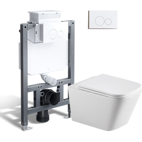 Komplett Vorwandelement Spülrandlose Toilette Set, 82 cm Unterputz Spülkasten und  Wand WC mit weiß Drückplatte HOROW