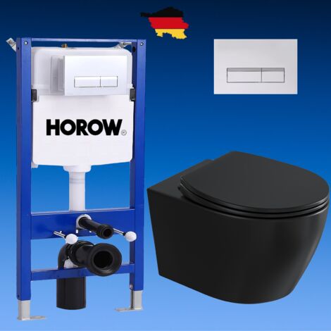 Pack WC Vorwandelement + Schwarz WC Toilette spülrandlos mit Befestigungen + Weiße Platte HOROW