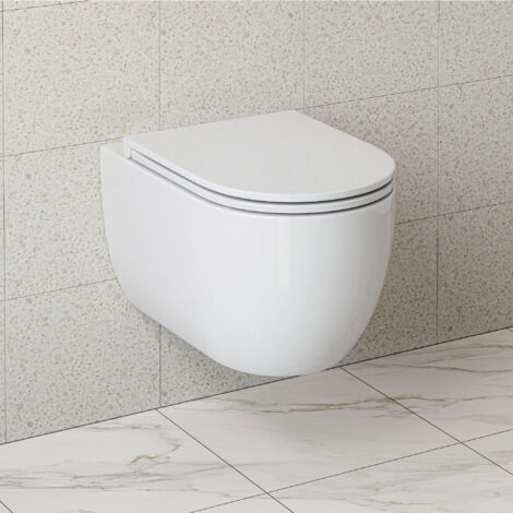 Spülrandloses WC Toilette, Hänge Toilette inkl. Toilettendeckel, Einloch-Superspin-Spülung Toilettenschüssel mit Nanobeschichte Glasur, 54×36×35,5 cm