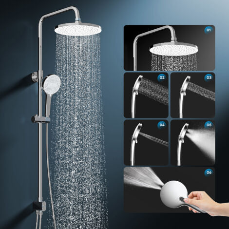 HOROW Duschset, 5 Modi Strahlarten Duschkopf, Regendusche Set Chrom mit Messing Ventilkern, Höhenverstellbar, große 25 cm Kopfbrause Rund