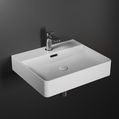 Hänge Waschbecken Wandmontage Keramik Hängewaschbecken 50cm weiß Rechteckig Aufsatzwaschbecken mit Hahnloch und Überlauf für Klein Gäste WC