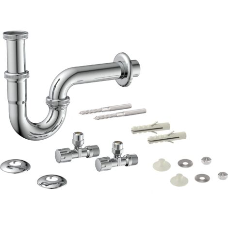 Waschtisch-Röhrensiphon-Set, Chrom, 1 1/4" x 32 mm, mit Befestigung, mit 2x Eckventil