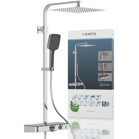 SCHÜTTE Duschsystem mit Thermostat und Ablage aus Glas Dusche Duscharmatur Regendusche Edelstahl Brausestange Höhenverstellbar Edelstahl-Kopfbrause eckig mit Handbrause 3-fach verstellbar 60531