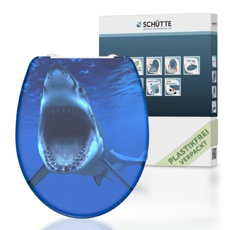 SCHÜTTE WC-Sitz aus Duroplast mit Absenkautomatik und Schnellverschluss Toilettendeckel mit Motiv Klodeckel Hai Maritim 82371