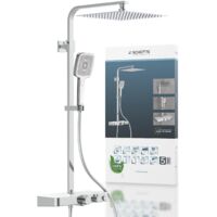 SCHÜTTE Duschsystem mit Thermostat und Ablage aus Glas Dusche Duscharmatur Regendusche Edelstahl Brausestange Höhenverstellbar Edelstahl-Kopfbrause eckig mit Handbrause 3-fach verstellbar 60530