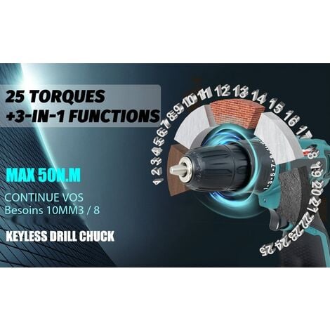 Perceuse, ensemble de perceuse sans fil 12 V ， batterie 1500 Ah, 50 Nm, 25 + 1 étapes de couple, mandrin de perceuse 10 mm, 2 vitesses, lumière LED, 16 accessoires, pour projet de bricolage à domicile