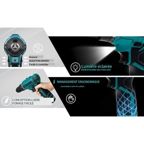 Perceuse, ensemble de perceuse sans fil 12 V ， batterie 1500 Ah, 50 Nm, 25 + 1 étapes de couple, mandrin de perceuse 10 mm, 2 vitesses, lumière LED, 16 accessoires, pour projet de bricolage à domicile