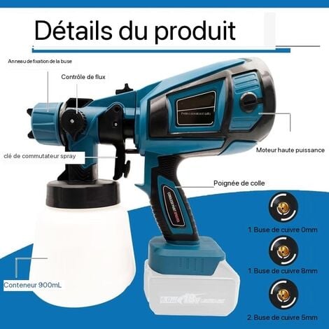 Pistolet à peinture,1000 ml pulvérisateur de peinture sans fil HVLP, pistolet de pulvérisation sans air + batterie de 3,0Ah + chargeur -compatible avec une batterie Makita