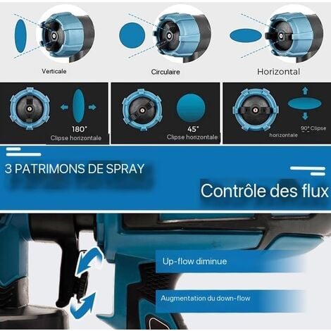 Pistolet à peinture,1000 ml pulvérisateur de peinture sans fil HVLP, pistolet de pulvérisation sans air + batterie de 3,0Ah + chargeur -compatible avec une batterie Makita