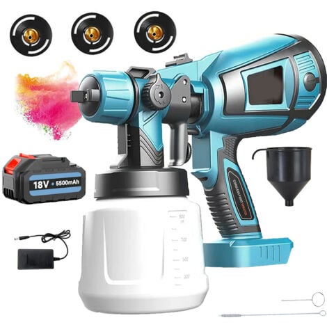 Pistolet à peinture,1000 ml pulvérisateur de peinture sans fil HVLP, pistolet de pulvérisation sans air + batterie de 5,5Ah + chargeur -compatible avec une batterie Makita