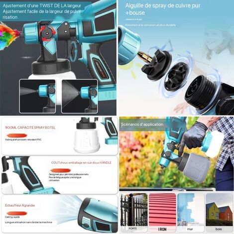 Pistolet à peinture,1000 ml pulvérisateur de peinture sans fil HVLP, pistolet de pulvérisation sans air + batterie de 5,5Ah + chargeur -compatible avec une batterie Makita