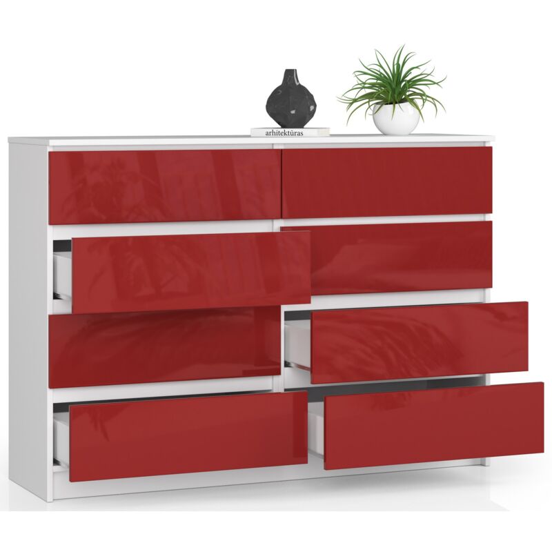 AKORD Cassettiera K 140 cm 8 (2 x 4) Cassetti Moderna Mobiletto per  Soggiorno Sala da Pranzo Camera da Letto Armadio Cameretta 138 x 99 x 40 cm  Peso 72kg Bianco / Rosso lucido