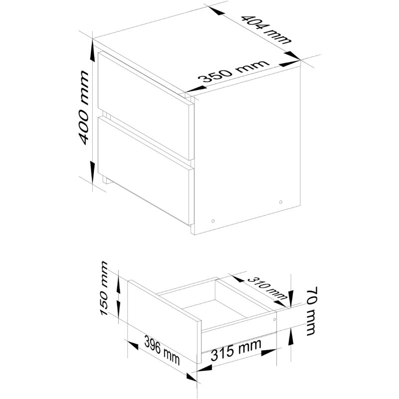 Akord Comodini Picolo con 2 Cassetti Armadio Camera da Letto Mobiletto  Multiuso Cassettiera Scrivania Salvaspazio 40 x 40 x 35 cm 16mm Pannello