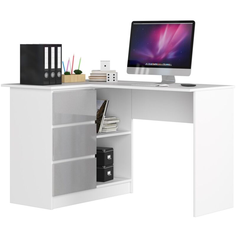 AKORD Scrivania ad Angolo B-16 con 3 Cassetti e 2 Ripiani Scrivania  Computer Scrittoio Scrivania ad angolo per l'ufficio in casa 124x77X85 CM  48 kg Bianco / Metallizzato lucido