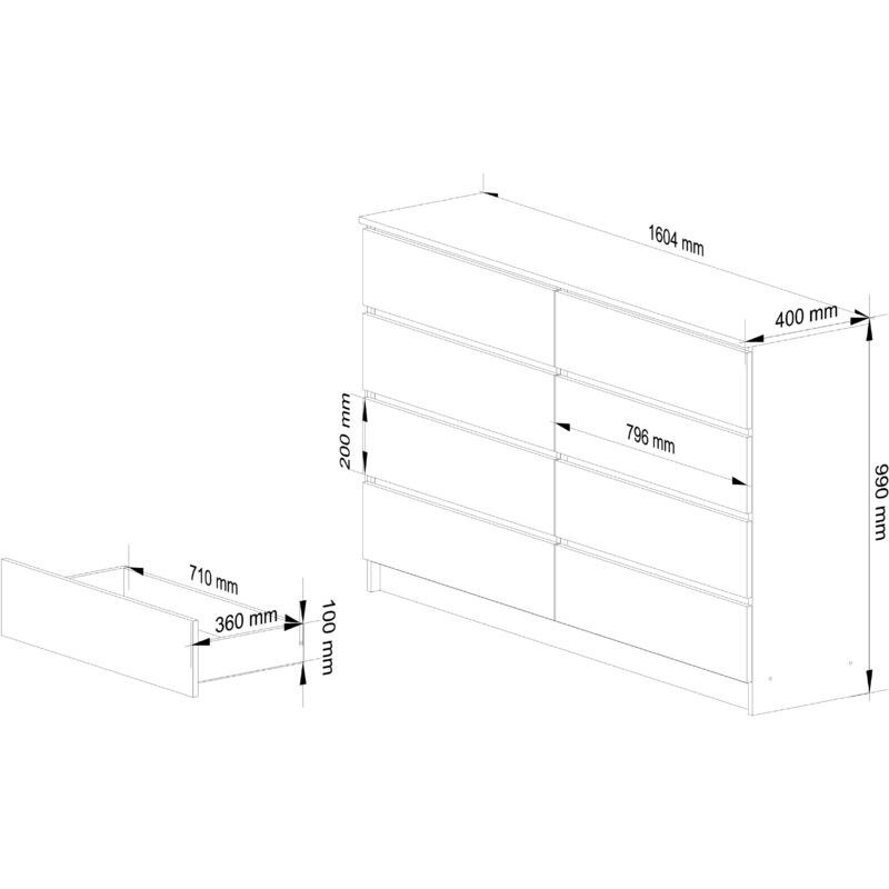 AKORD Cassettiera K 160 cm 8 Cassetti Moderna Mobiletto per il soggiorno  Camera da letto Armadio Soggiorno Bagno Salvaspazio 160 x 99 x 40 cm Rovere  artigianale