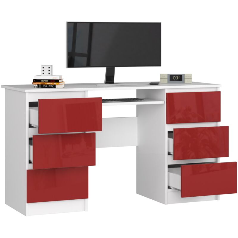 Akord Scrivania Con Ripiano per Tastiera Office Desk 6 Cassetti (2x3)  Scrittoio per Ufficio Per Computer PC Laptop 135 x 77 x 50 cm, 60 kg Bianco  / Rosso lucido