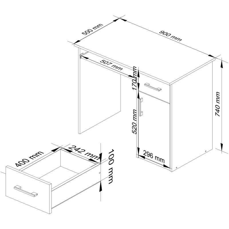 AKORD Scrivania per PC PIN con RIpiano per Tastiera Scrivania con Cassetti  Scrivania per ufficio Scrivania per computer L90 x H74 x P50 cm, 29 kg  Bianco