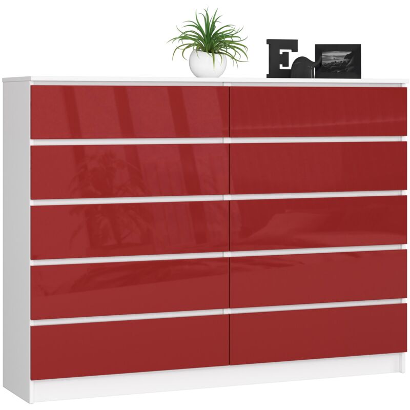 AKORD Cassettiera K 160 cm 10 (2 x 5) Cassetti Moderna Mobiletto per il  soggiorno Camera da letto Armadio Soggiorno Bagno Salvaspazio 160 x 121 x  40 cm Peso 80 kgBianco / Rosso lucido