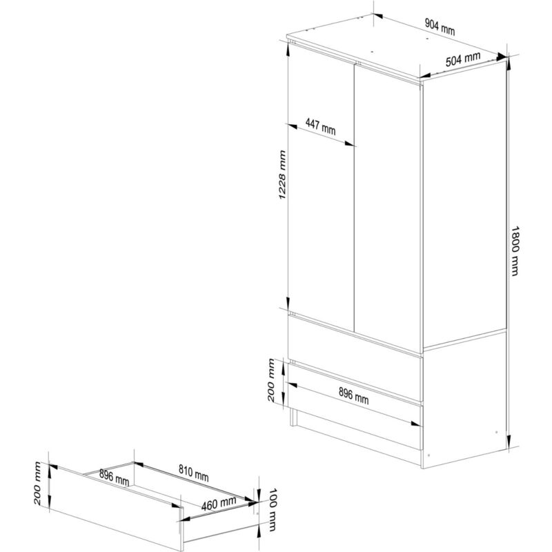 AKORD Armadio con Specchio S 90 cm Due Ante 2 Cassetti con ripiani e Asta  Appendiabiti Mobiletto Cameretta Camera da Letto Guardaroba Pannello in  laminato 16 mm Rovere / Sonoma