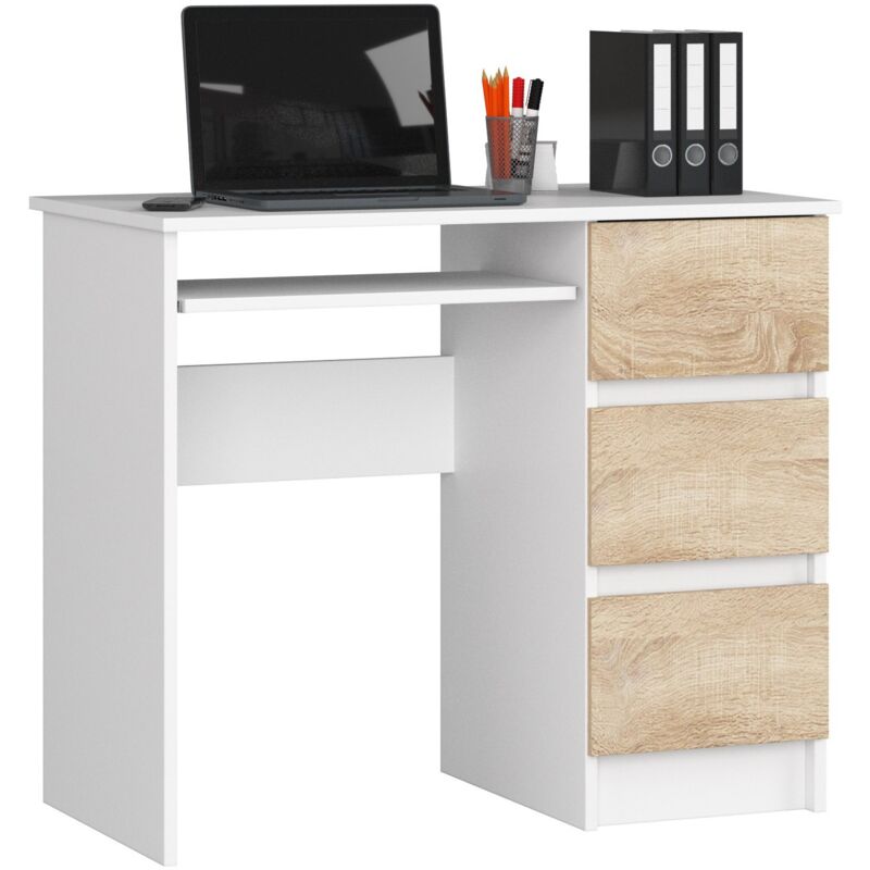 AKORD Scrivania A-6 con Ripiano per Tastiera Office Desk 3 Cassetti a  Destra Scrittoio per Ufficio Per Computer PC Laptop 90x77x50 cm 30 kg  bianco/rovere sonoma