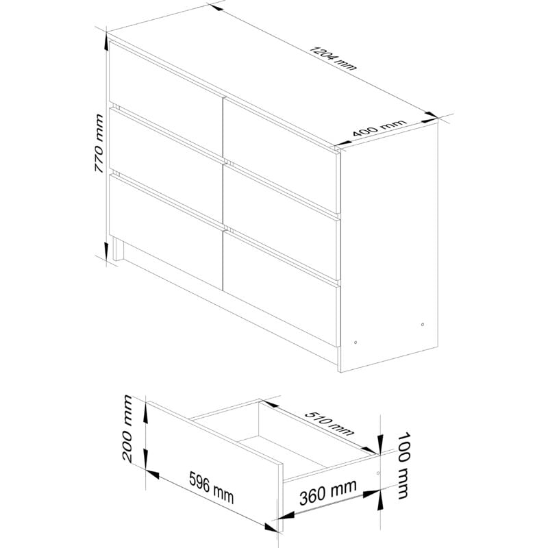 AKORD Cassettiera K-120 con 6 (2 x 3) Cassetti Moderna Mobiletto per  Soggiorno Sala da Pranzo Camera da Letto Corridoio Bagno Armadio Cameretta  120x77x40 cm Peso 43kg Rovere Sonoma/Wenge