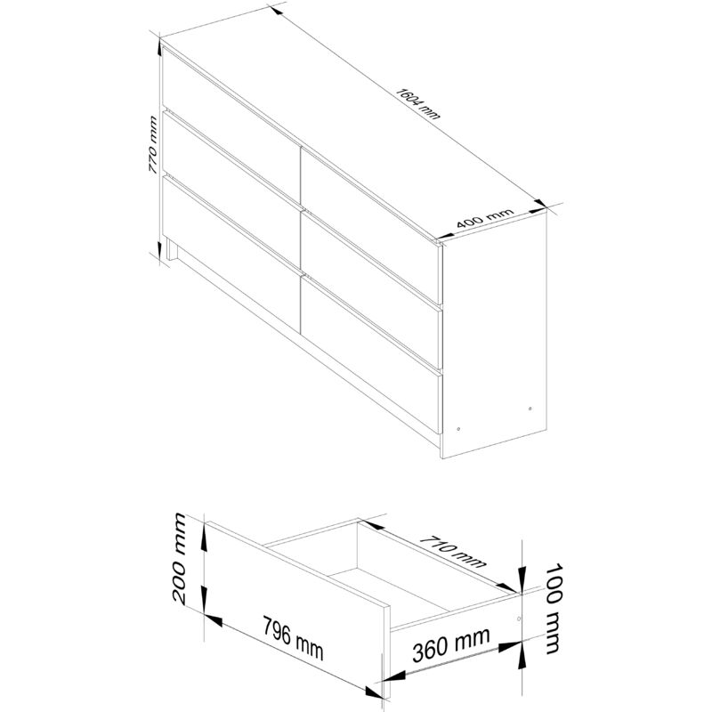 AKORD Cassettiera K 160 cm 6 Cassetti (2 x 3) Moderna Mobiletto per il  soggiorno Camera da letto Armadio Soggiorno Bagno Salvaspazio 160 x 77 x 40  cm Peso 70 kg Bianco / Rosso lucido