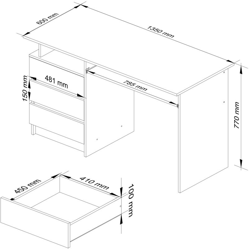 AKORD Scrivania CLP-135 Con Ripiano per Tastiera e 3 Cassetti a Sinistra  Scrittoio per Ufficio Per Computer PC Laptop Salvaspazio 135 x 77 x 60 cm,  45kg Rovere Sonoma / Wengé