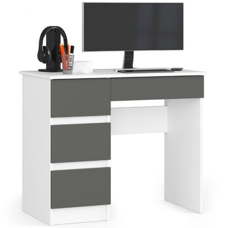 Scrivania per computer AKORD A7 Bianco 90 cm 4 cassetti inserto frontale Grigio Grafite 90x50x77 cm Modello a sinistra