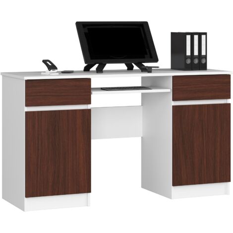 Scrivania A5 Con Ripiano per Tastiera Office Desk 2 Cassetti e 2 Ripiani ad  Anta Scrittoio per Ufficio Per Computer PC Laptop L135 x H77 x P50 cm, 58  kg Bianco / Wengé