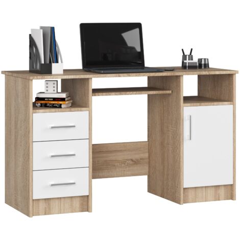 Scrivania AKORD ANA Sonoma Quercia 124 cm 1 anta 3 cassetti inserto frontale Bianco 124x52x74 cm