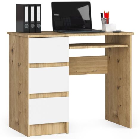 Scrivania per computer AKORD A6 Quercia Artisan 90 cm 3 cassetti inserto frontale Bianco 90x50x77 cm Modello a sinistra