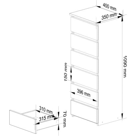 AKORD Cassettiera a 6 Cassetti Credenza Alta Moderna Mobiletto per  Soggiorno Sala da Pranzo Camera da