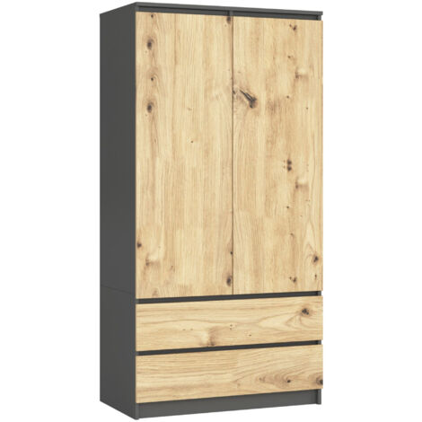 Armadio AKORD S90 Grigia Grafite 90 cm 2 ante 2 cassetti inserto frontale Quercia Artisan 90x51x180 cm