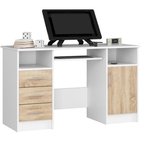 Scrivania AKORD ANA Bianco 124 cm 1 anta 3 cassetti inserto frontale Sonoma Quercia 124x52x74 cm