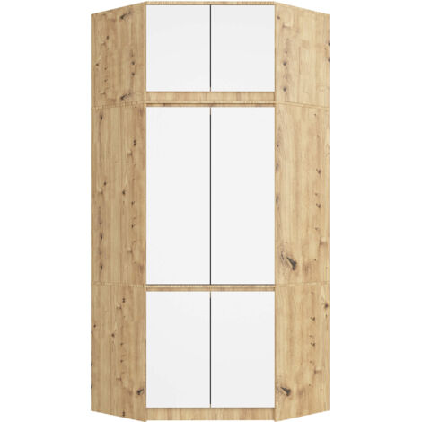 Armadio ad angolo AKORD S100 con sopralzo Quercia Artisan 100 cm 4 ante inserto frontale Bianco 100x50x235 cm