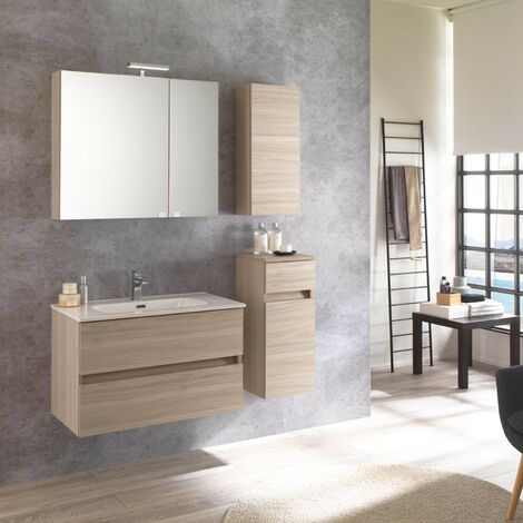 Mobile bagno sfalsato con lavabo, 2 cassetti, finitura Olmo