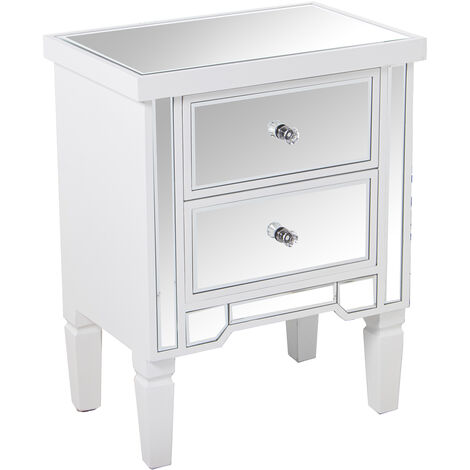 Table de nuit bois/miroir avec 2 tiroirs blanc 49x33x62 cm (1/4)