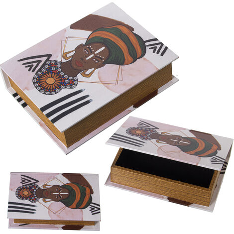 Lot de 3 Boites à Livres Décorées Dmwood/Toile Polyester Afric 30X24X8+24X18X6+18X12X4 Cm (1/2)