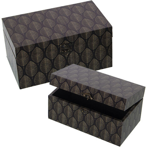 Lot de 2 Boites Décorées Bois Dm/Toile Polyester Noir Feuilles 30X18X15+24X14X12 Cm (1/2)