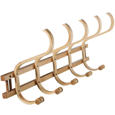 Portemanteau mural en bois 5 crochets naturel 72x21x30 cm, bois : bouleau/┴lam (1/4)