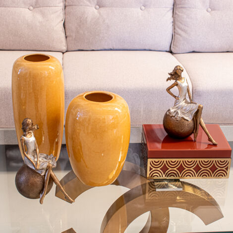 Vase Céramique Jaune Art Déco - Hauteur 26 Cm - Décoratif Floral