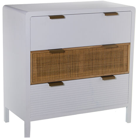 Commode en Bois 3 Tiroirs Blanc/Rotin 80X40X82 Cm, Sapin+Dm+Rat┴N (1/5)