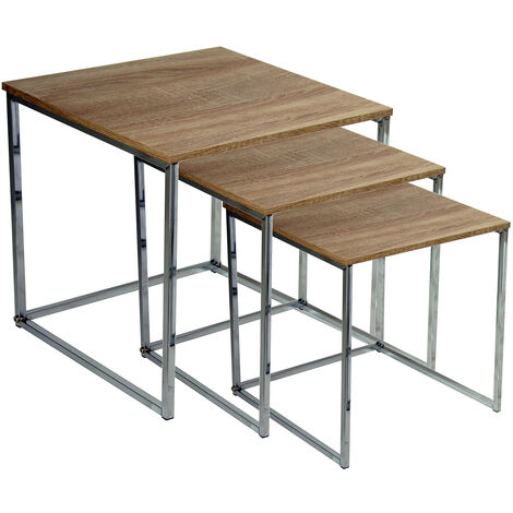 Lot de 3 tables d'appoint en bois naturel avec pieds en acier 53X39X48+42X36X42+33X33X37 Cm (1/3)