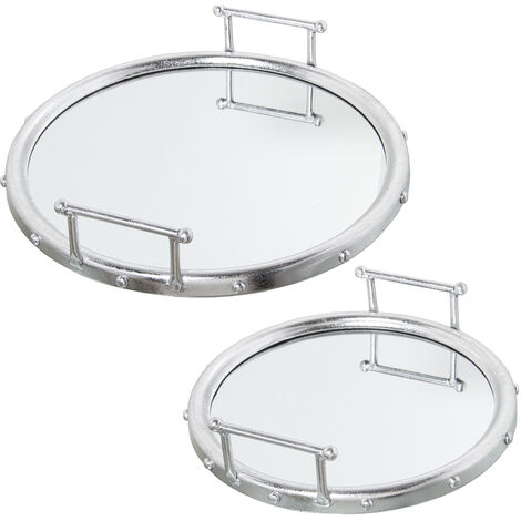 Lot de 2 Plateaux Métal Argenté Miroir °47X9 Cm +°40X9 Cm, Int:°41/°33 (1/3)