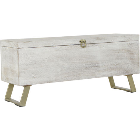 Coffre Bois Métal 116X40X52 Décapage Blanc