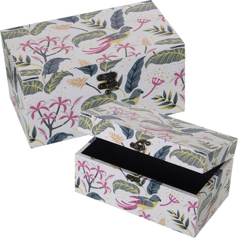 Lot de 2 Coffrets Décorés Bois/Toile Polyester Perroquet+Feuilles 30X18X15+24X14X12 Cm (1/2)