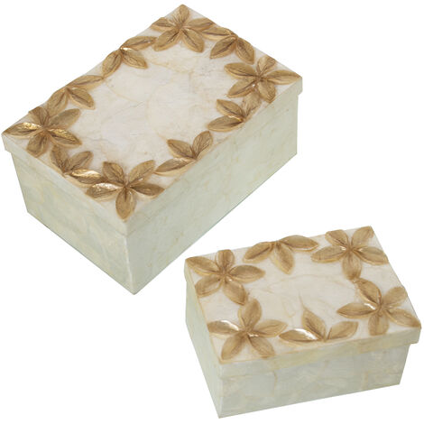 Ensemble 2 boîtes rectangulaires Nacre Fleurs relief Tan/Naturel 21X14X10 Cm +16X11X8 Cm (1/3)